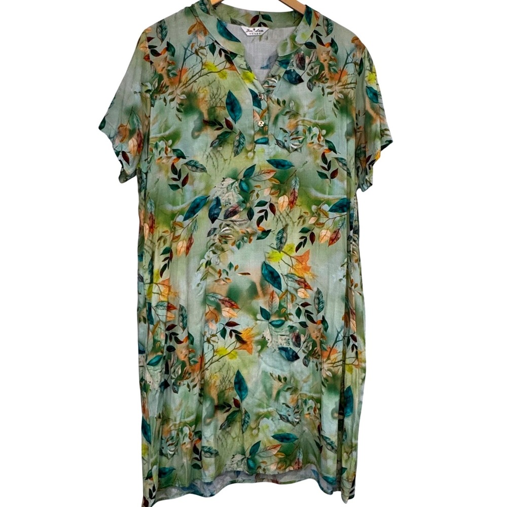 Jin Lun Vogue Green Botanical Leaf Print Shift Dress Short Sleeve Pockets Sz L